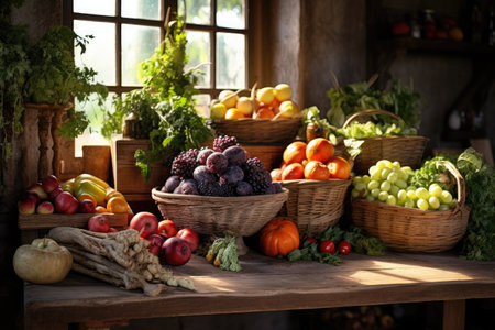 Fruits and vegetables in a rustic kitchen. Healthy food, Fruits and vegetables on a wooden table in a rustic kitchen, AI Generatedの素材