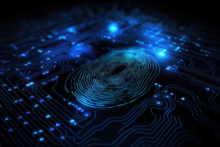 Fingerprint scan on the electronic circuit board. 3d rendering, Fingerprint scan provides security access with biometrics identification, AI Generatedの素材