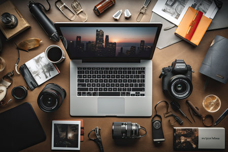 Photographer workspace with laptop, camera and accessories on brown background. Top view, Flat lay of photographer's desk with laptop, camera and accessories, AI Generatedの素材
