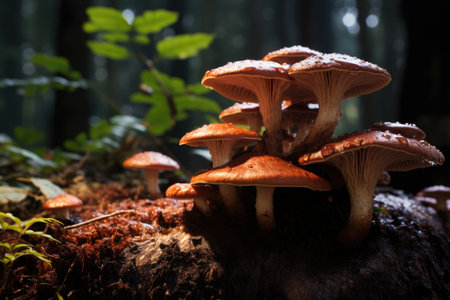 Mushrooms growing on a tree stump in the forest in autumn, Lingzhi mushroom, Ganoderma lucidum Lingzhi mushroom, AI Generatedの素材