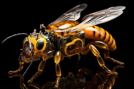 Close up of a bee toy. Isolated on black background, genetically modified robotic Honey Bee, AI Generatedの素材