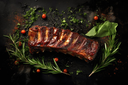 Grilled pork ribs with herbs and cherry tomatoes on a black background, grilled ribs with herbs and spices on Black background, copy space, AI Generatedの素材