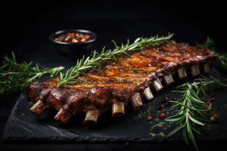 Grilled ribs with rosemary and spices on a black background, grilled ribs with herbs and spices on Black background, copy space, AI Generatedの素材