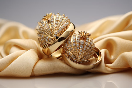 Wedding rings with precious stones on satin cloth, closeup, gold wedding rings on the pincushion, AI Generatedの素材