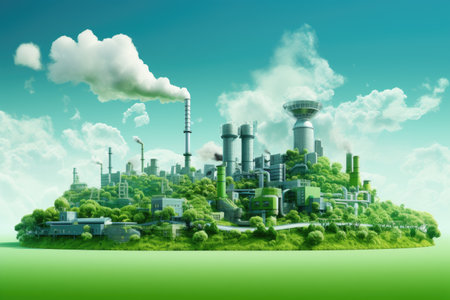 Industrial landscape with green plant and blue sky. 3D rendering, Green Industry Eco Power Factory Good environment ozone air low carbon footprint, AI Generatedの素材