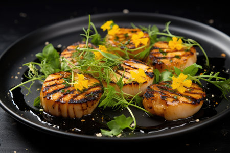 Grilled scallops with arugula and orange marmalade, Grilled scallops with buttercups on a black plate, AI Generatedの素材