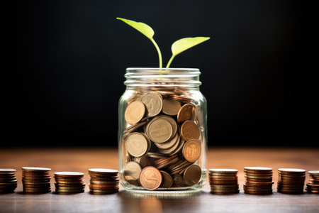 Investment concept, Coins in the glass money jar with tree growing, Growing stacks of coins and a jar of coins on a table, AI Generatedの素材