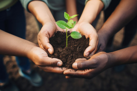 Close up of african american children holding green plant in soil, Hands of diverse people holding a seedling in the soil together, AI Generatedの素材