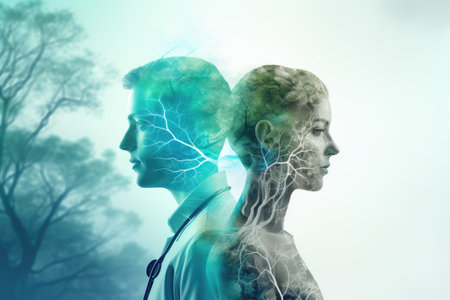 Double exposure of man and woman with glowing brain. Medicine concept , Healthcare and medicine concept. Double exposure, AI Generatedの素材
