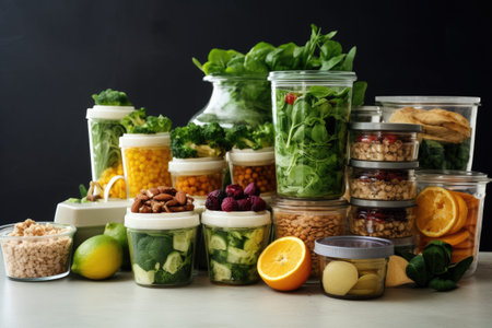 Healthy food in jars on table against black background, closeup, Healthy eating concept. Assortment of healthy food in plastic containers, AI Generatedの素材