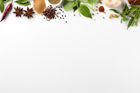 Herbs and spices on white background, top view with copy space, Herbs and spices selection on white background with copy space for text, AI Generatedの素材