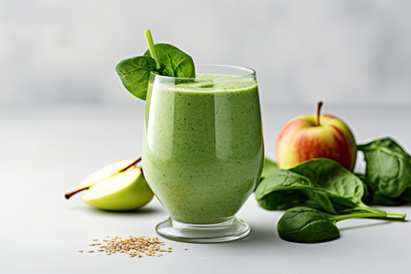 Healthy green smoothie with spinach, apple and sesame seeds, Healthy green smoothie with chia seeds, spinach and apple on a light background, AI Generatedの素材