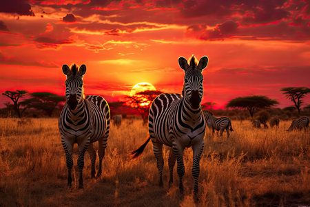 Zebras in the savannah at sunset, Namibia, Africa, Herd of zebras in the savannah at sunset, AI Generatedの素材