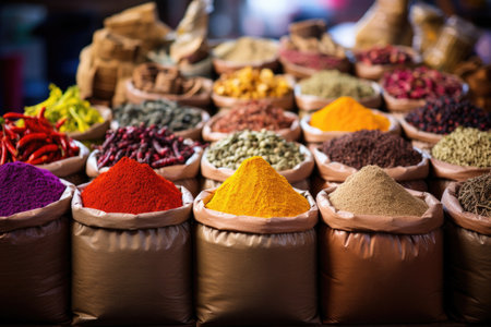 Spices and herbs on the market in India. Selective focus, Immerse in an exotic spice bazaar, with colorful sacks and jars showcasing a diverse array of global flavors in a vibrant market setting, AI Generatedの素材