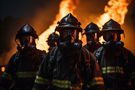 Group of firemen fighting a fire in a burning building at night, Inferno Protectors: A group of masked firefighters bravely battles towering flames, showcasing their commitment saving, AI Generatedの素材
