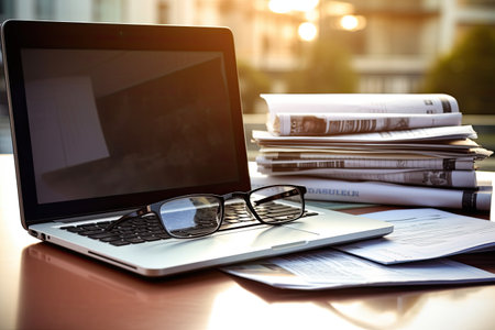 Laptop with eyeglasses and newspaper on the table in office, Laptop and newspapers on the table, closeup. Business concept, AI Generatedの素材