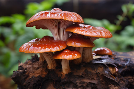 Flammulina velutipes mushrooms on a stump in the forest, Lingzhi mushroom, Ganoderma lucidum Lingzhi mushroom, AI Generatedの素材