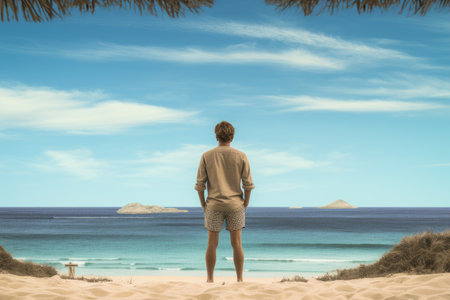 Rear view of young man standing on the beach looking at the sea, Male tourist standing in front of a sandy beach and watching the sea, rear view, full body, AI Generatedの素材