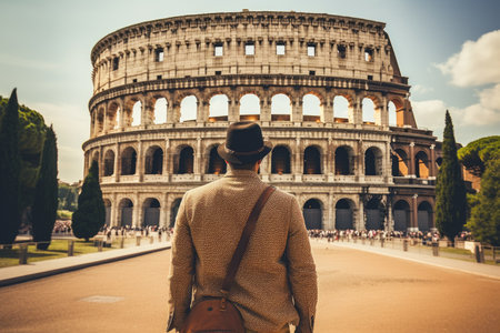 A young man in a hat and a coat looks at the Colosseum in Rome, Italy, Male tourist standing in front of a sandy beach and watching the sea, rear view, full body, AI Generatedの素材