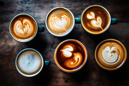 Coffee latte art on wooden background, vintage color tone, Multiple cups of coffee with variety of coffee drinks overhead view, AI Generatedの素材