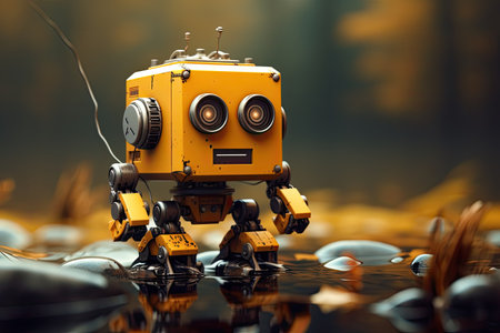3d rendering of robot toy in the forest. 3d illustration, nano bot, AI Generatedの素材