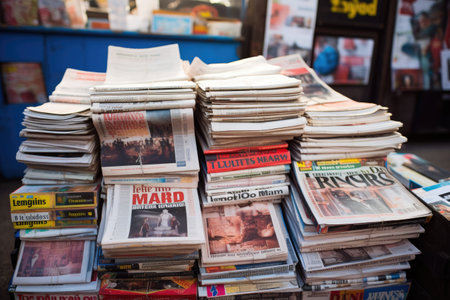 A lot of old newspapers for sale on the street in Bangkok, Newspapers on a market stall in London, England, UK, AI Generatedの素材