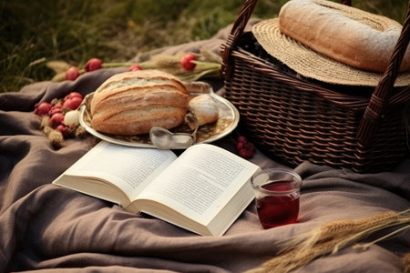 Picnic basket with croissants, bread, wine and book on blanket, Picnic on the grass. A wicker basket with milk and bread, fruit, a hat and a book on a cozy blanket spread, AI Generatedの素材