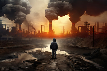 Man standing in front of industrial landscape with smoking chimneys. 3D Rendering, Pollution of the environment. Pollution of the environment concept, AI Generatedの素材