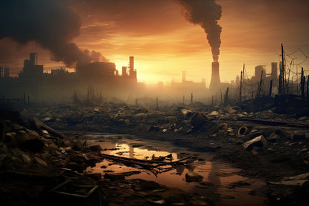 Industrial landscape with pollution of the planet. Global warming concept, Pollution of the environment. Pollution of the environment concept, AI Generatedの素材