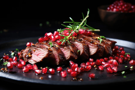 Grilled steak with pomegranate and rosemary on black plate, Roasted duck fillet with pomegranate seeds and herbs, AI Generatedの素材