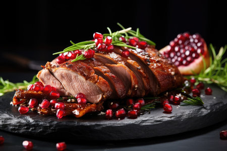 roasted duck breast with pomegranate and rosemary on black background, Roasted duck fillet with pomegranate seeds and herbs, AI Generatedの素材