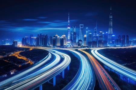 Shanghai Lujiazui Finance and Trade Zone of the modern city night background, Shanghai city skyline and expressway at night,China, AI Generatedの素材