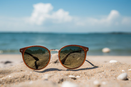 Sunglasses on the beach with sea background. Selective focus, Sunglasses are on the legs on the beach, AI Generatedの素材