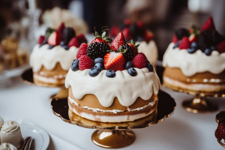 Cake decorated with fresh berries and whipped cream, selective focus, Sweet tasty cakes with berries and cream on dessert table at wedding party, AI Generatedの素材
