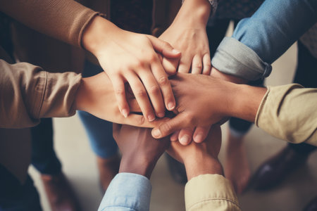 Teamwork concept. Close up of group of business people putting their hands together, Team members putting hands together close-up, top view, No visible faces, AI Generatedの素材