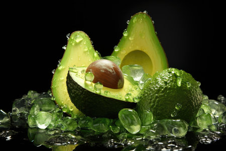 Fresh avocados with ice cubes and hazelnuts on black background, Natures Green Gems A Captivating Snapshot of Avocado, AI Generatedの素材