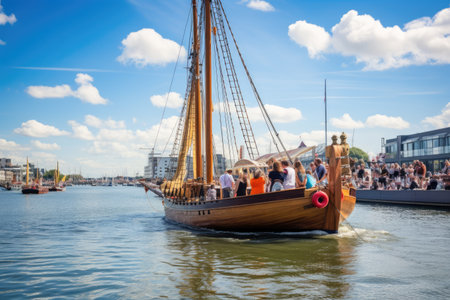 Tourists on the old wooden ship in the harbor of Amsterdam, The Kieler Woche is performing during the 125th Kiel Week, AI Generatedの素材