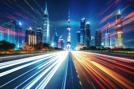 the light trails on the modern building background in shanghai china, the light trails on the modern building background in shanghai china, AI Generatedの素材