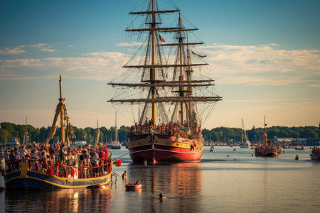 The Tall Ships Races is an annual event that takes place in Kiel, The Kieler Woche is performing during the 125th Kiel Week, AI Generatedの素材