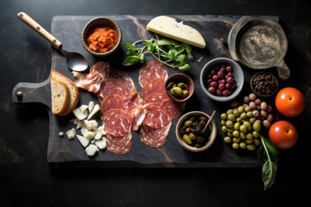 Prosciutto crudo or jamon with olives, parmesan cheese and basil on a wooden board, top view of black marble cutting board with olives in bowls, breadsticks, prosciutto, AI Generatedの素材