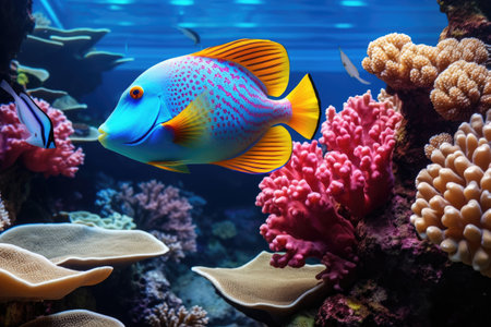 Colorful tropical fish swimming in a coral reef. Underwater world, Tropical fish on coral reef in ocean. Underwater scene, AI Generatedの素材