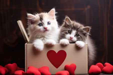 Two black and white fluffy kittens in a box with red hearts on a black background, Two black and white kittens in a cardboard box with red hearts, AI Generatedの素材
