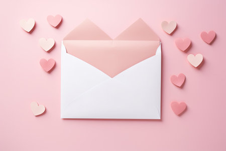 Envelope with hearts on pink background. Valentine's day concept, love letter envelope with paper craft hearts, AI Generatedの素材