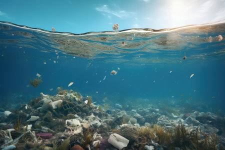 Underwater view of a seabed with trash and plastic bottles, Underwater view of a pile of garbage in the ocean. 3d rendering, AI Generatedの素材