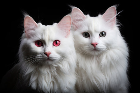 Studio shot of two beautiful white Persian cats, isolated on black background, Two white cats on a black background with a place for your text, AI Generatedの素材
