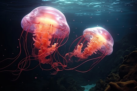 Jellyfish in the deep blue sea. 3D rendering, Two jellyfishes swimming in the water. 3d rendering, AI Generatedの素材