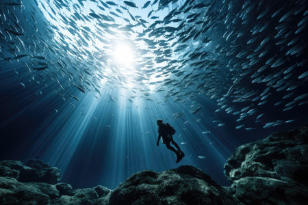 Silhouette of diver and school of fish in the blue sea, AI Generatedの素材