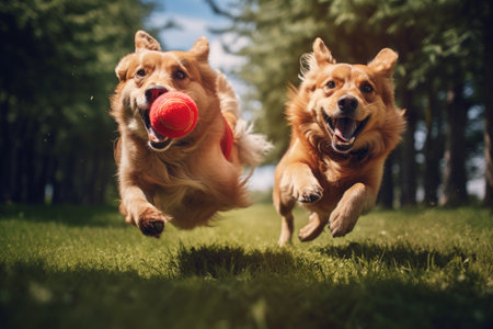 Two golden retriever dogs running and playing with ball in the park, Two dogs running with red ball in mouth on green grass in park, AI Generatedの素材