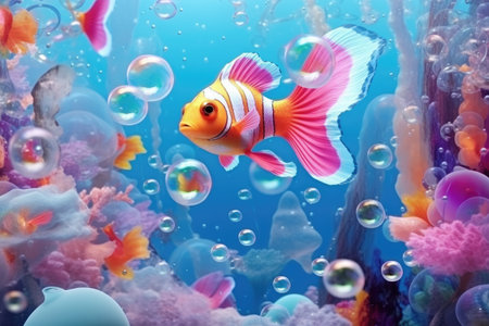 Underwater scene with colorful fish and corals, 3d illustration, Underwater view of a pile of garbage in the ocean. 3d rendering, AI Generatedの素材