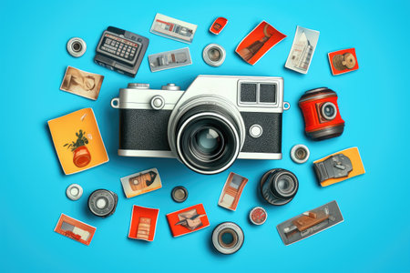Retro camera and other vintage objects on blue background 3D rendering, Vintage camera and stickers with fails on blue background, AI Generatedの素材